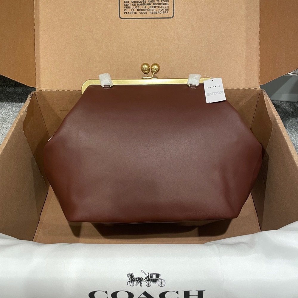 Coach Large Brown Leather Kiss Lock Frame Bag
